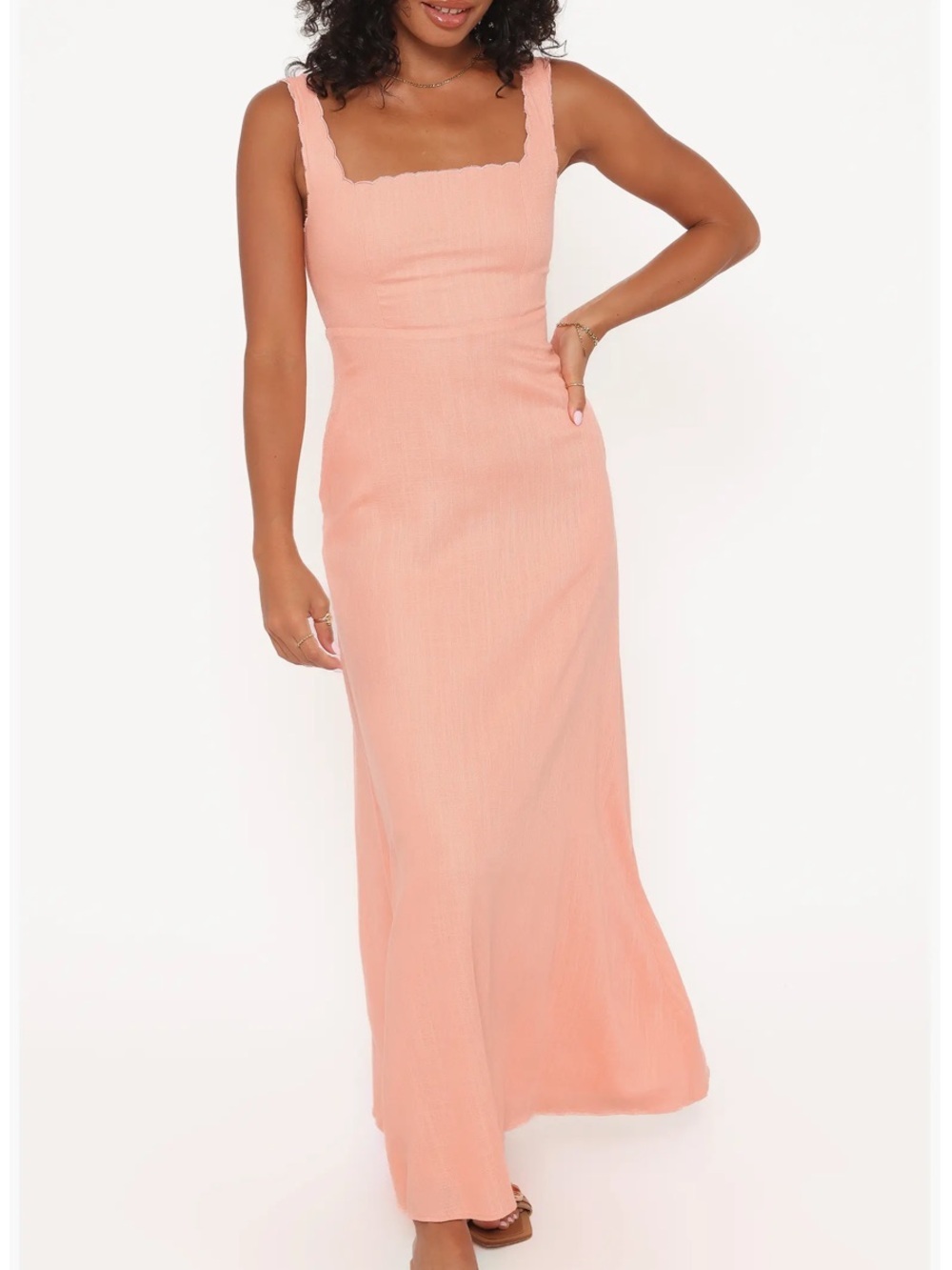 Petal & Pup Amalie Sleeveless Maxi Dress Scalloped Trim Peach Linen Blend Large